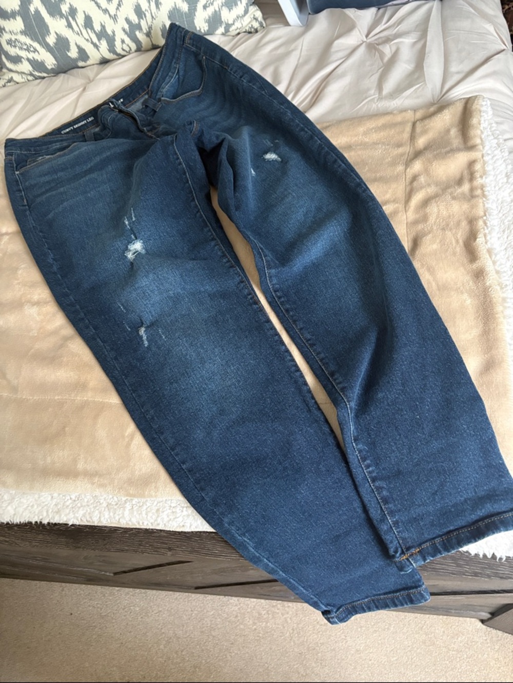 Ladies  Dark Blue Distressed Jeans